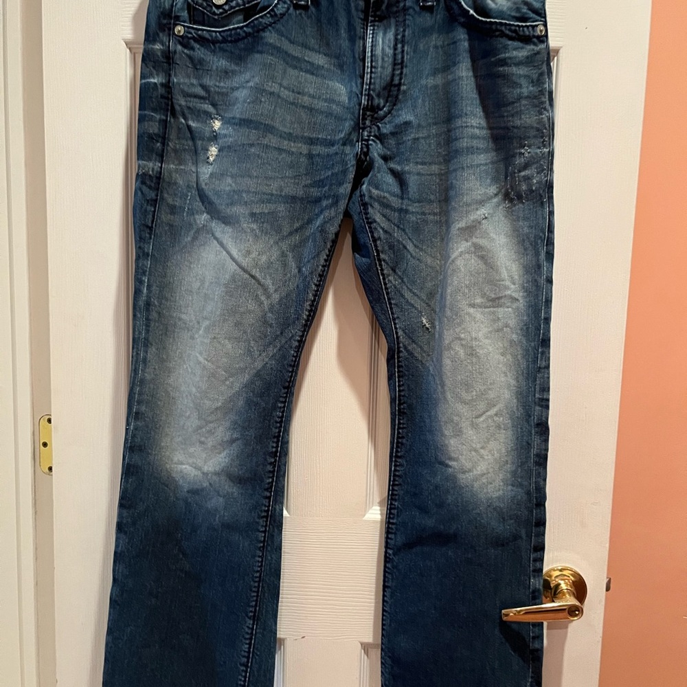 Express Blue Straight Jeans with Distressed Details